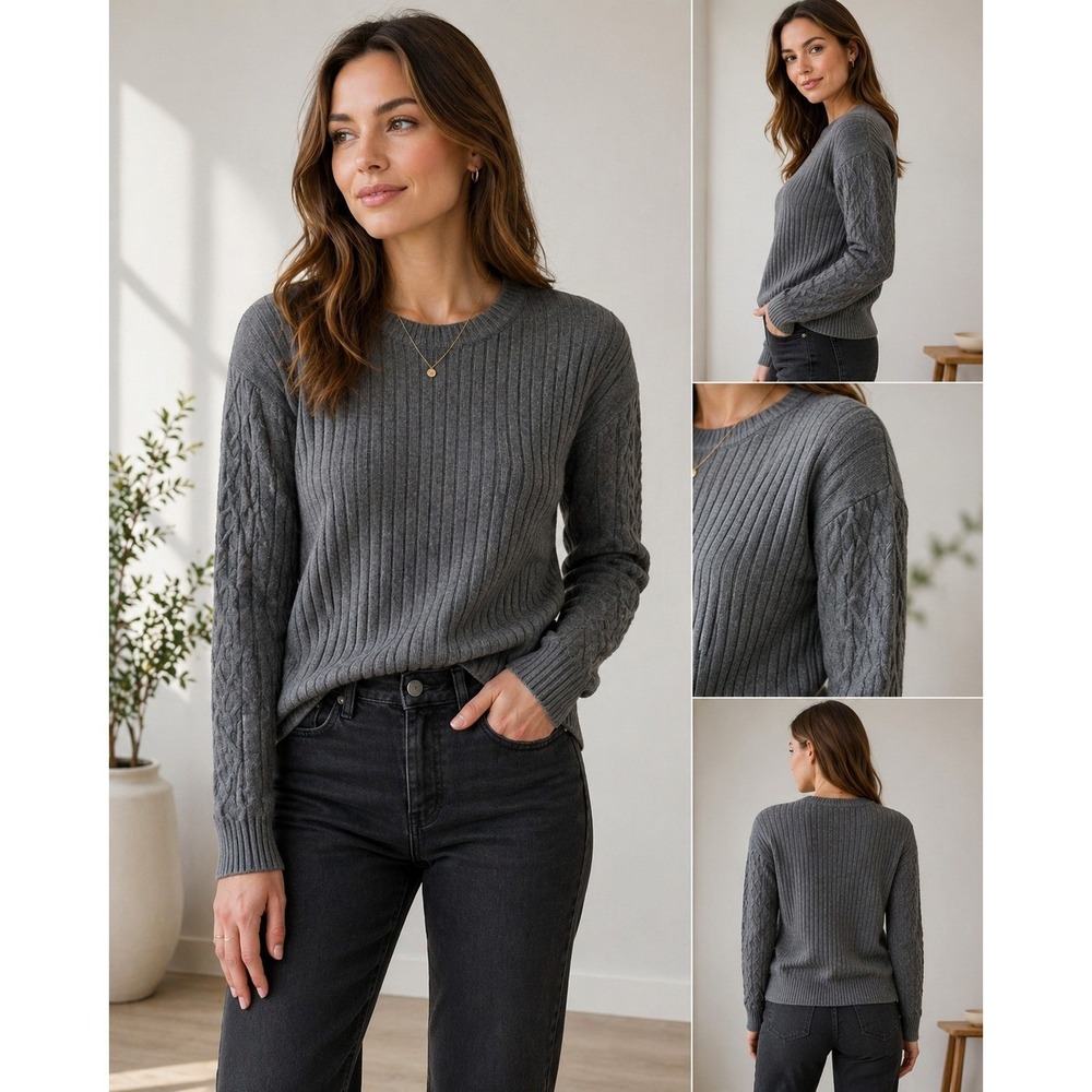 Evolution by Cyrus Ribbed Sweater Gray Cable Sleeve Crewneck S NWT Textured